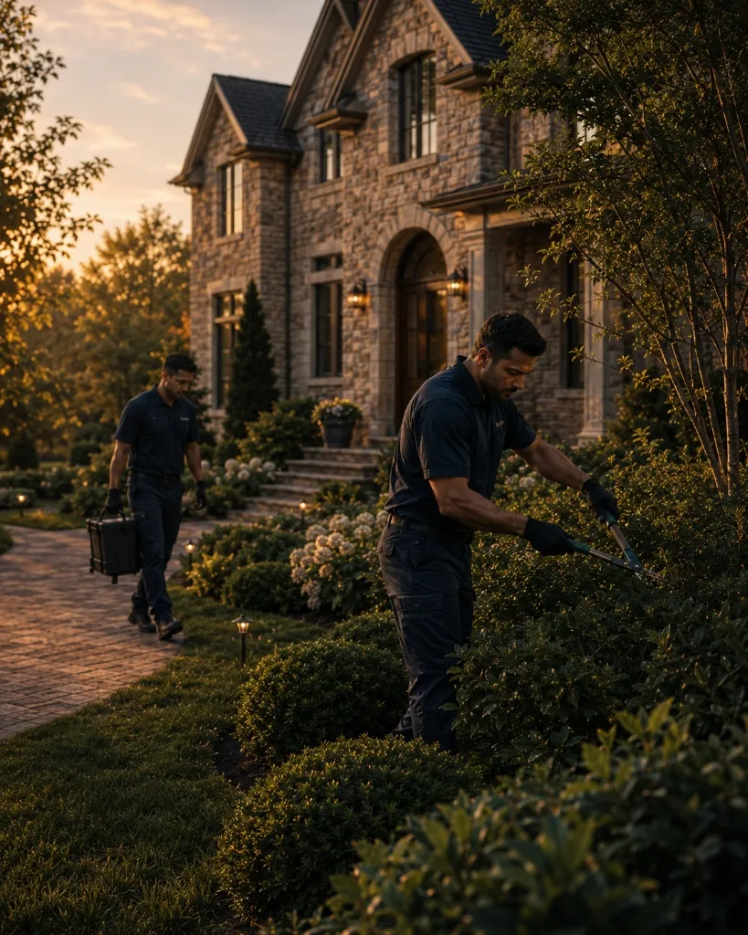 A home service team member trimming bushes in a garden near the house