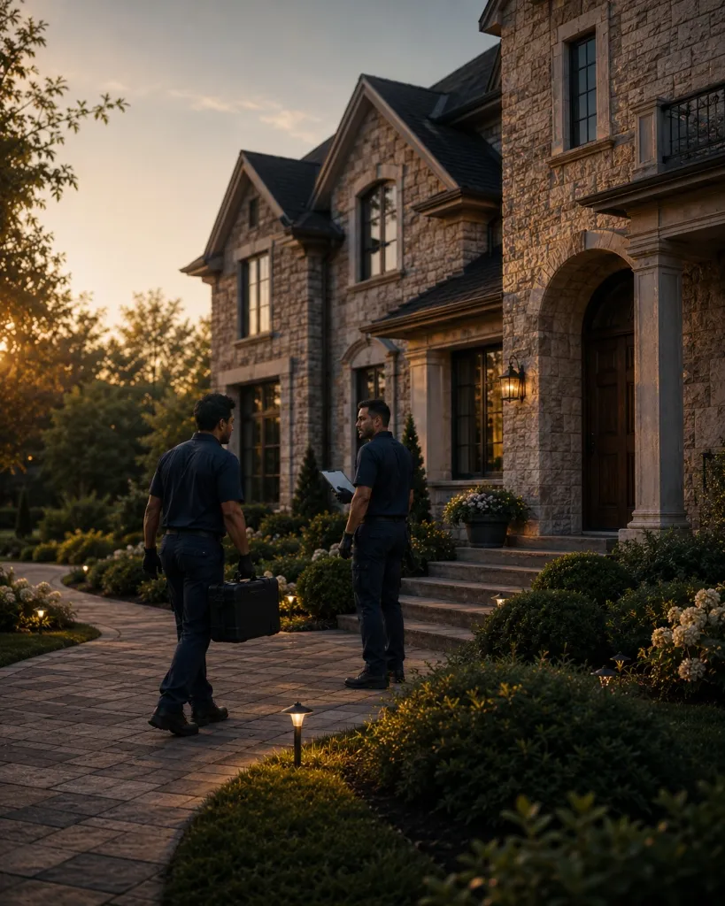 Two Meridian home service technicians walking in front of a home carrying tools and a clipboard