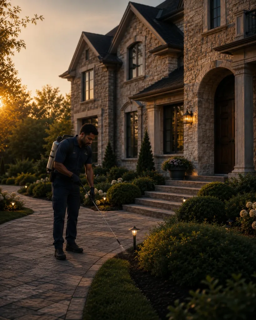 A technician spraying outdoor treatment on a walkway near a residential building