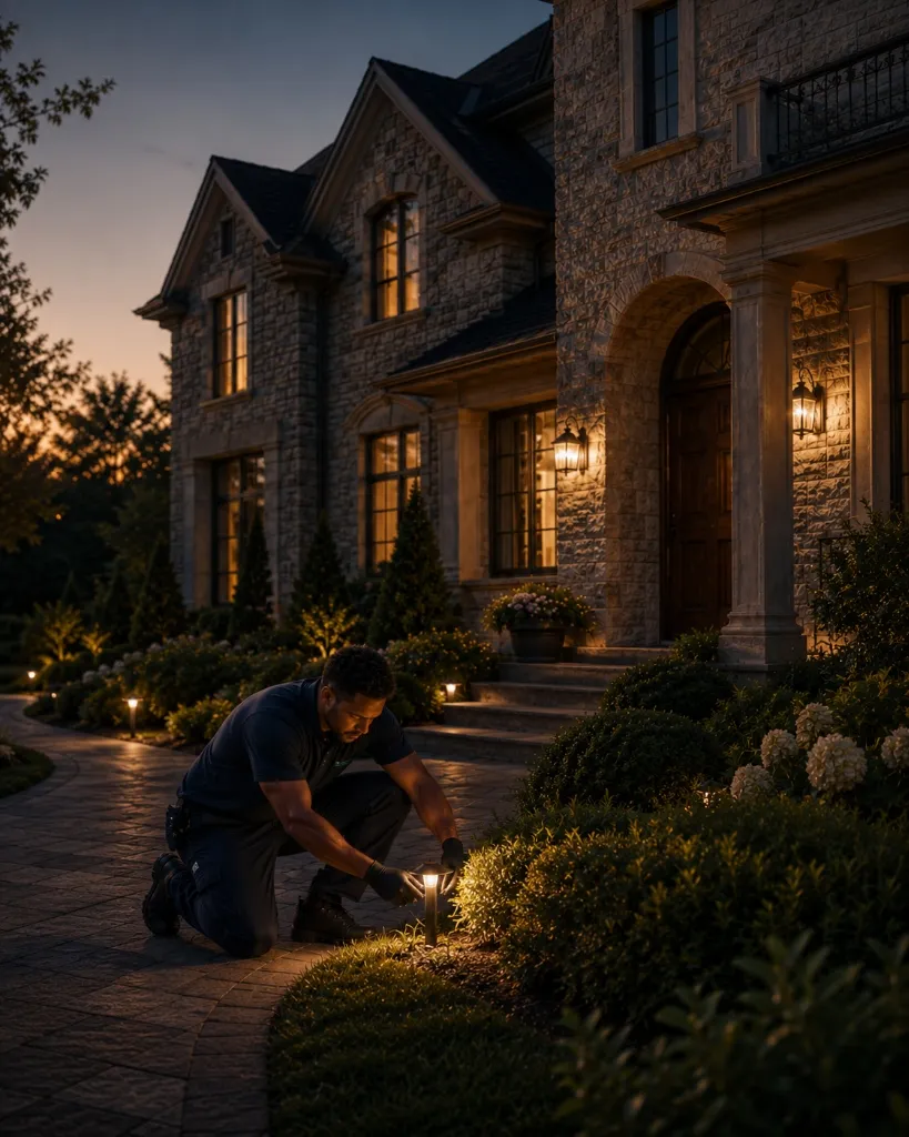 A home service technician installing or servicing outdoor landscape lighting